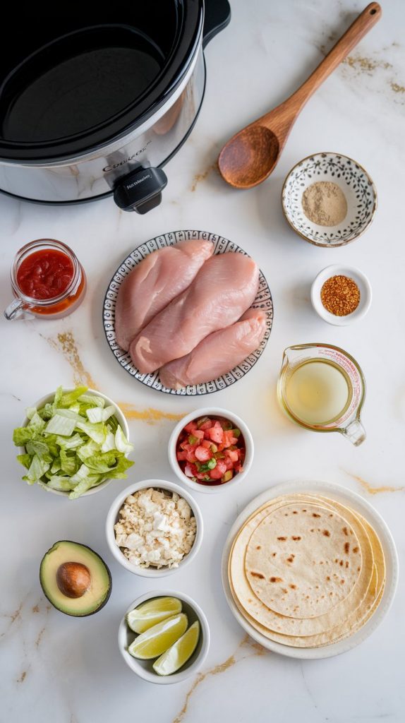 all ingredients and tools for Mexican-style crockpot chicken tacos