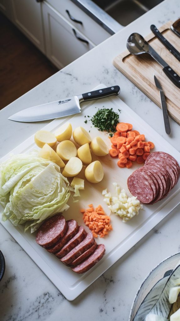 chopped cabbage, halved baby potatoes, sliced carrots, diced onion, minced garlic