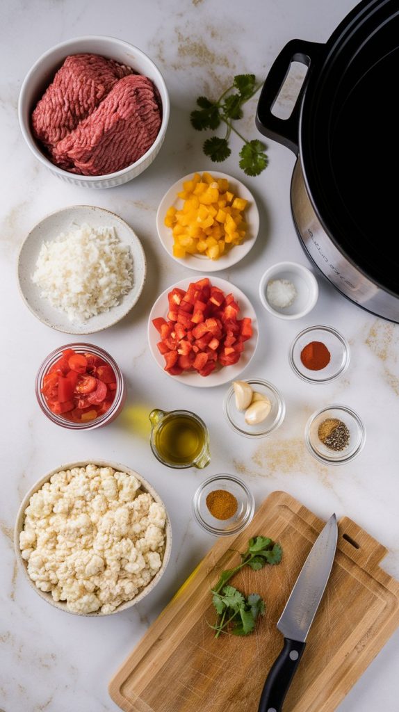 all the ingredients needed for a Whole30 ground beef crockpot recipe