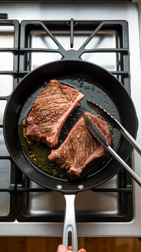 Beef short ribs being browned in a large skillet with olive oil