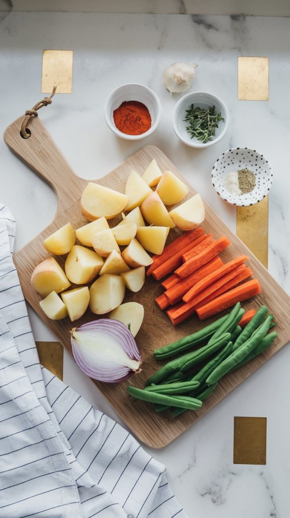 chopped baby potatoes, carrots, sliced onion, and trimmed green beans