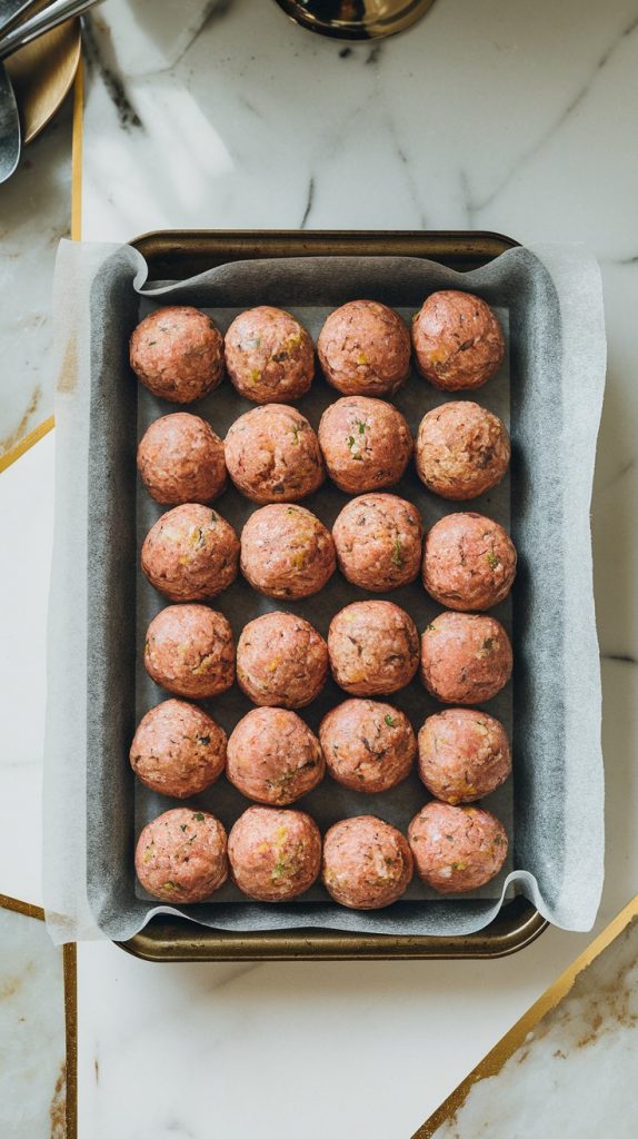 Top-down view of evenly-sized raw meatballs on a tray lined with parchment paper