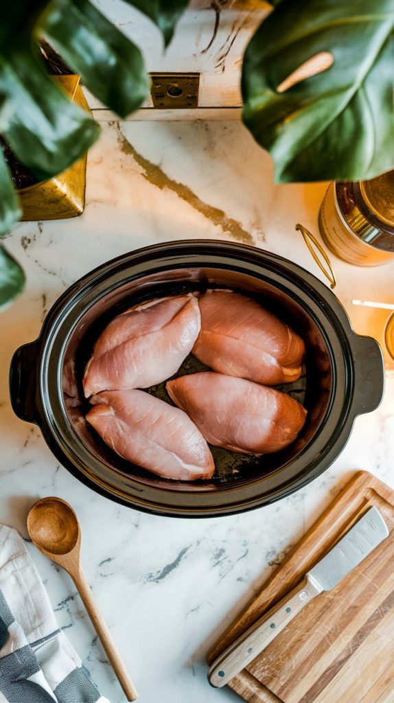 raw chicken breasts placed in a black crockpot