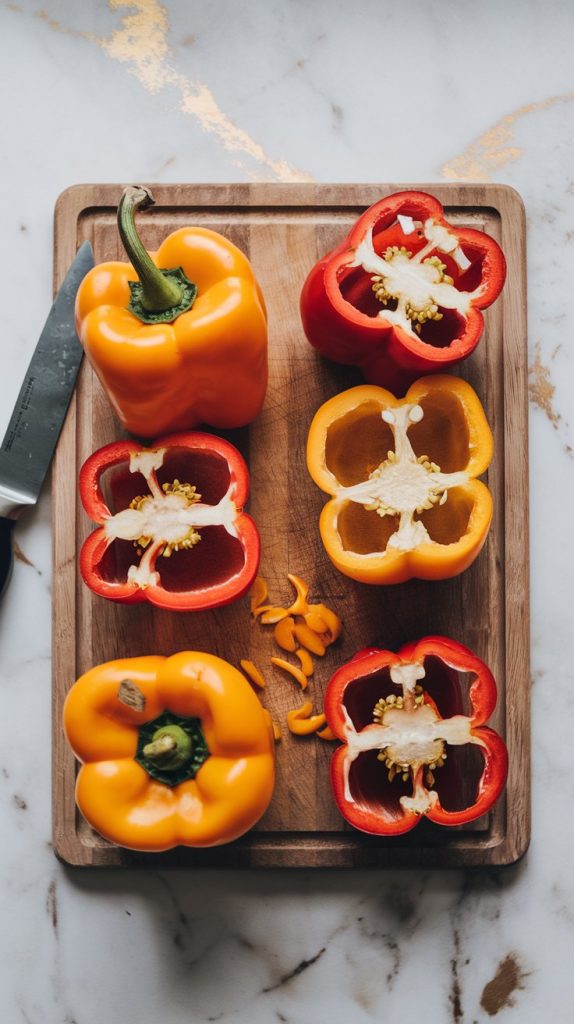 Fresh bell peppers with their tops cut off, cleaned and hollowed out