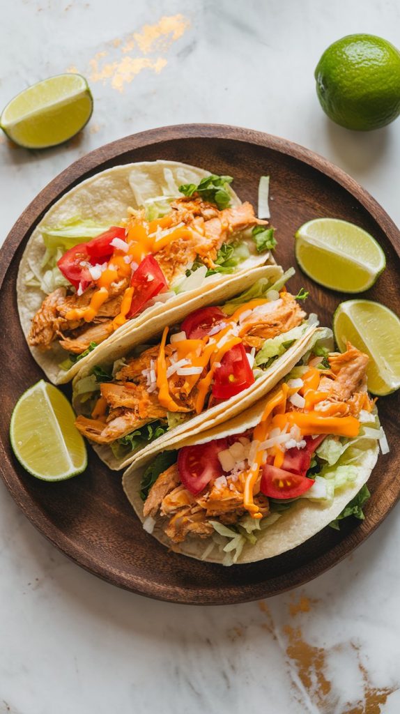 Freshly assembled tacos on a rustic wooden plate, filled with shredded chicken