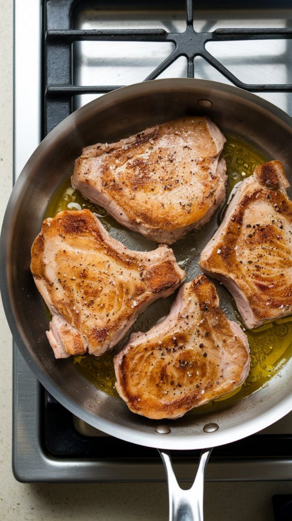 golden-browned pork chops in a skillet with olive oil sizzling around them