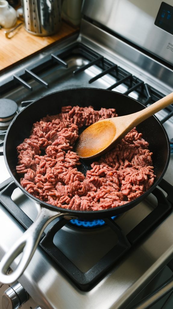 ground beef being browned in a large skillet