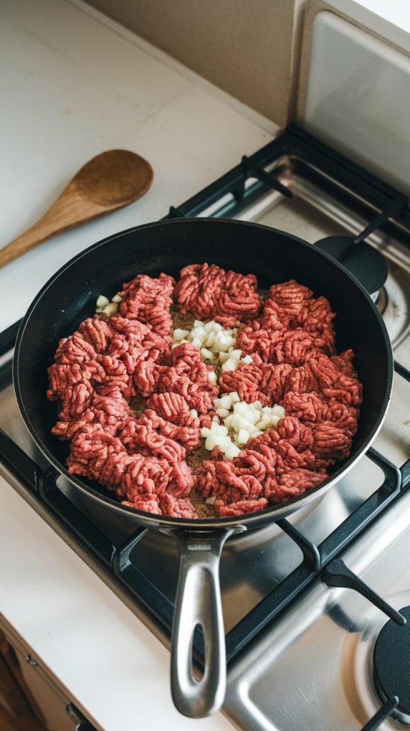 Ground beef browning in a skillet with diced onions and garlic