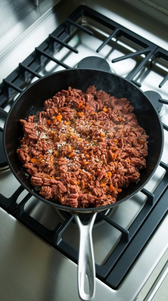 Ground beef cooking in a skillet with salt, pepper, and paprika sprinkled on top