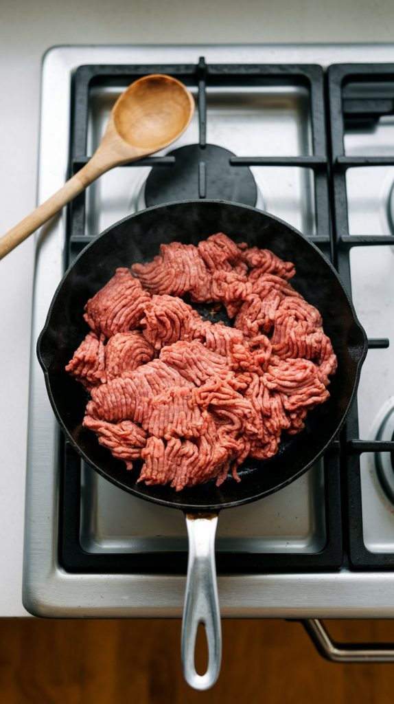 Ground beef sizzling in a skillet, lightly browned, with a wooden spoon for stirring