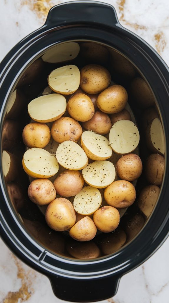 Halved baby potatoes layered in the bottom of a black crockpot