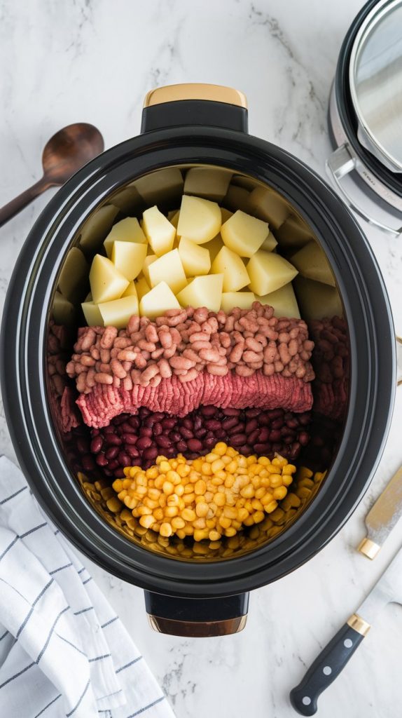 Layers of potatoes, ground beef, beans, and corn being added to a slow cooker