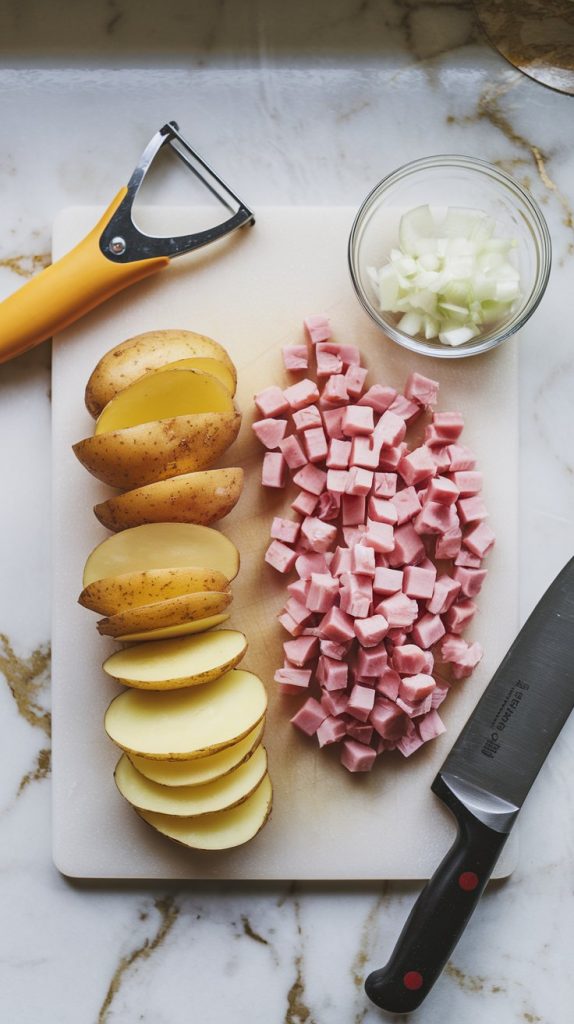 peeled and thinly sliced potatoes stacked neatly