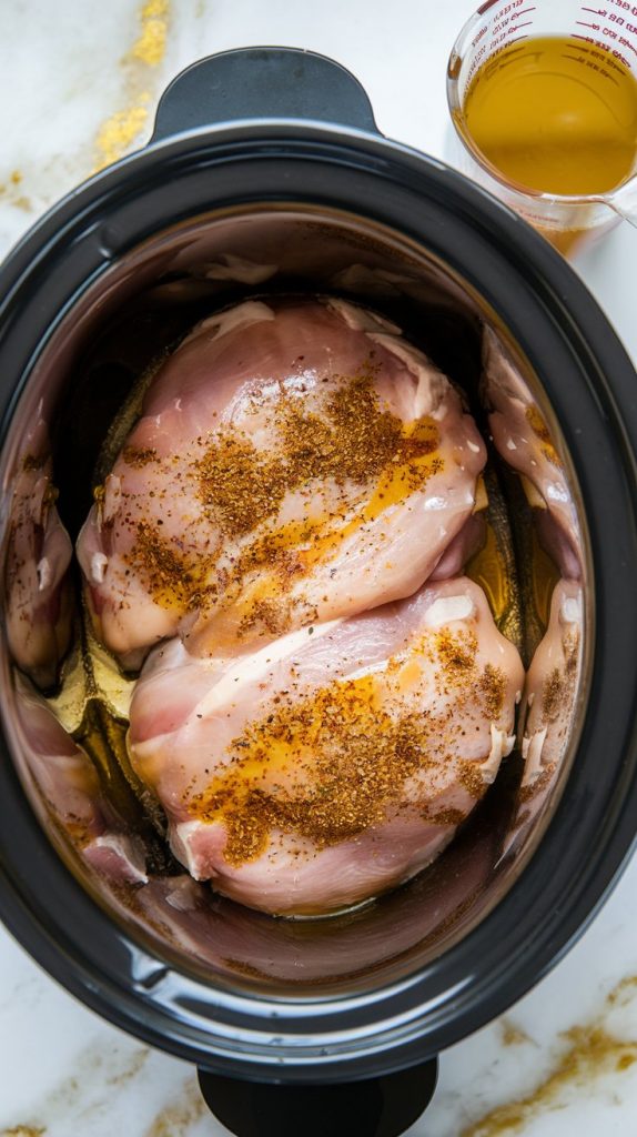 raw chicken breasts in a slow cooker, seasoned with spices