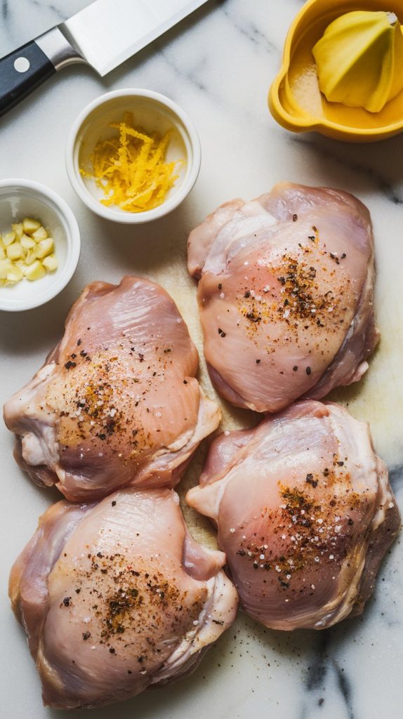 Raw chicken thighs on a cutting board seasoned with salt, black pepper, paprika