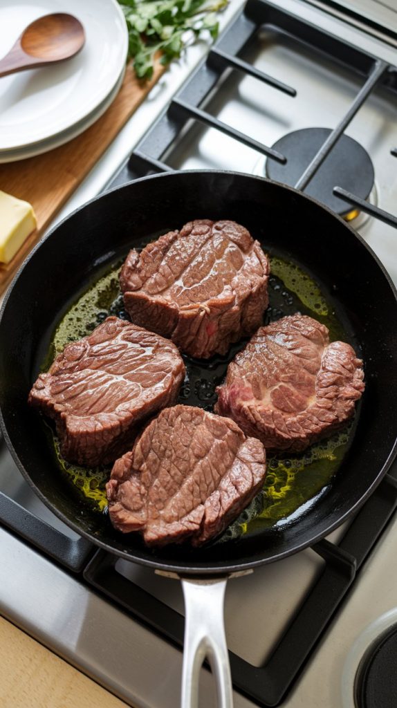 Searing beef stew meat in a hot skillet, golden-brown edges on the beef