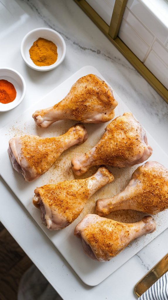 Chicken drumsticks seasoned with spices and laid out on a white cutting board