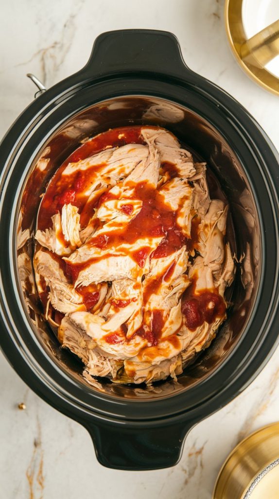 Shredded creamy chicken in a crockpot, with the salsa and cream cheese