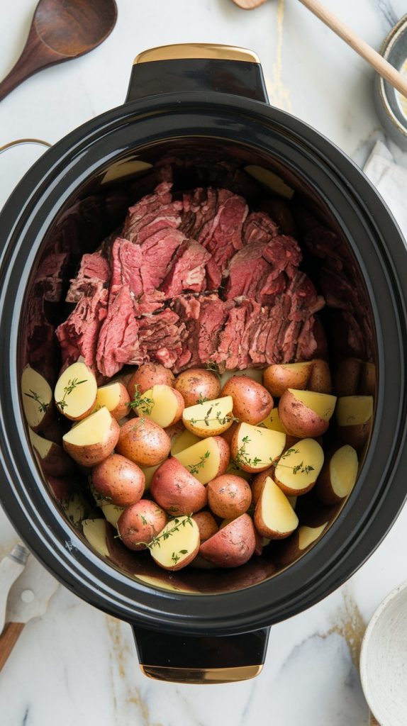 Layered crockpot with halved baby potatoes on the bottom