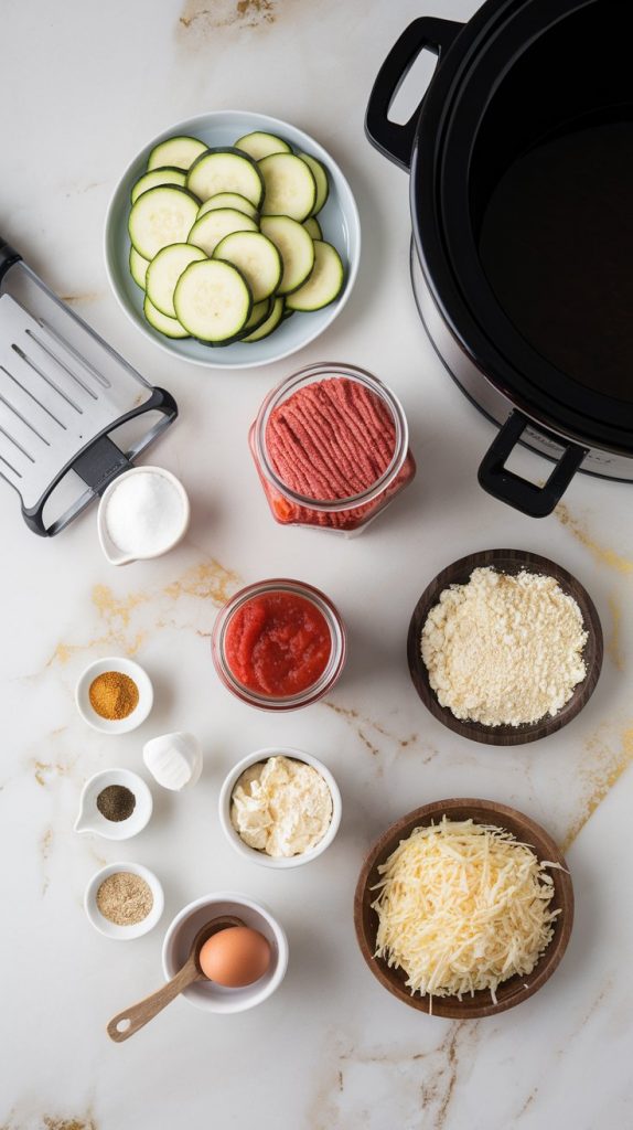 A beautifully arranged flat lay of ingredients for crockpot zucchini lasagna