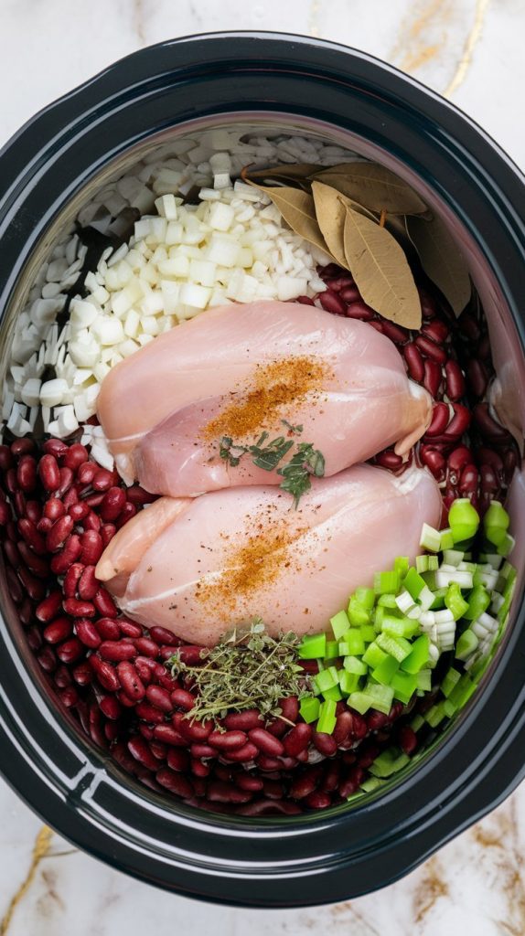 a crockpot filled with raw ingredients: whole chicken breasts nestled on top of red beans, chopped veggies, and seasonings