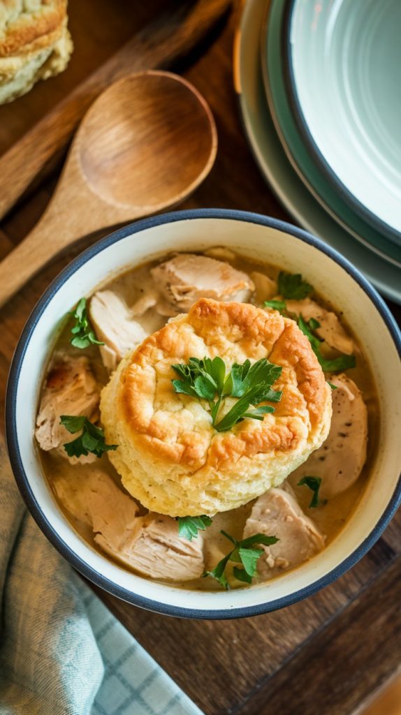 a bowl of chicken pot pie with a golden biscuit on top