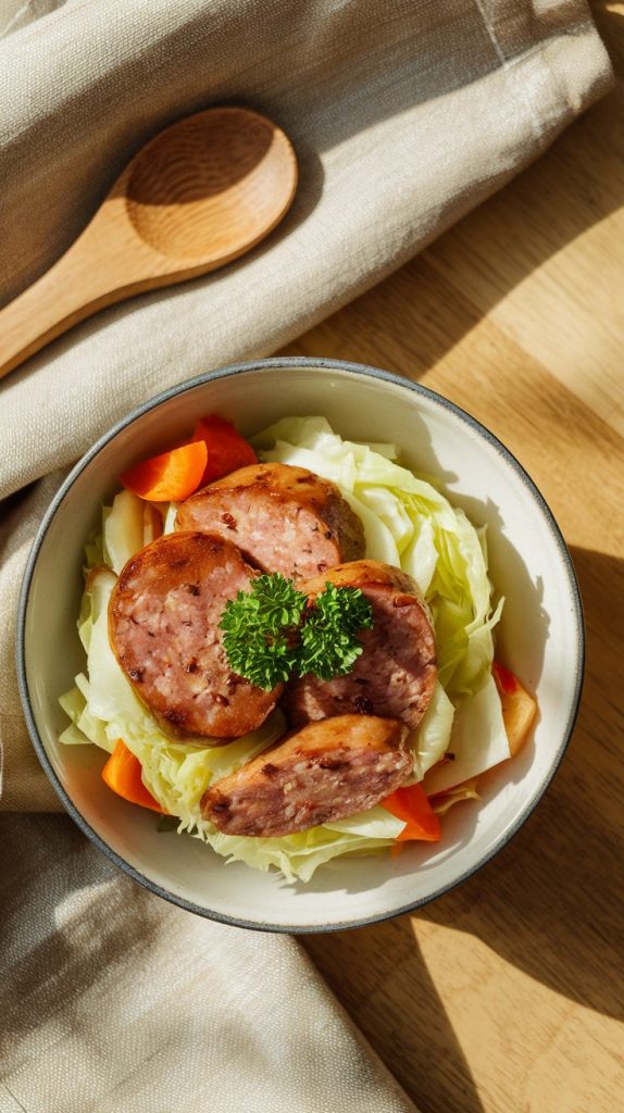 a bowl of Crockpot sausage and cabbage ready to serve