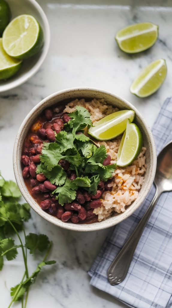 A bowl of pinto beans and rice topped with fresh cilantro and lime wedges