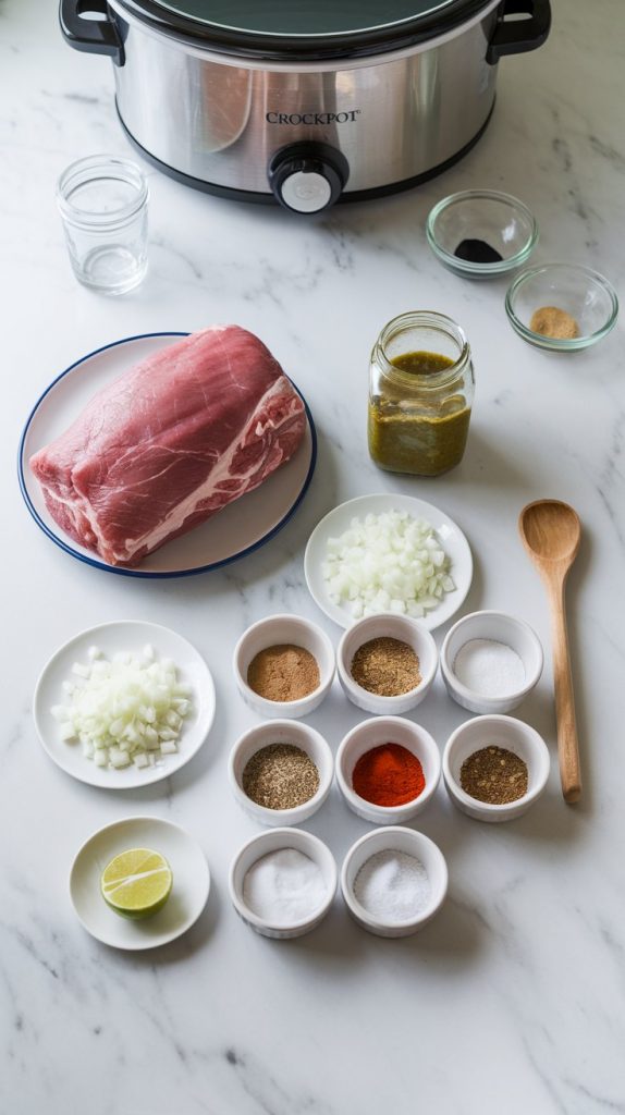 A neatly organized top-down shot of raw pork shoulder, a jar of salsa verde