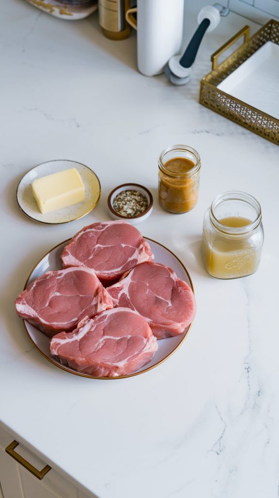 all ingredients for Crockpot Pork Chops: 4 raw boneless pork chops, a bottle of Italian dressing