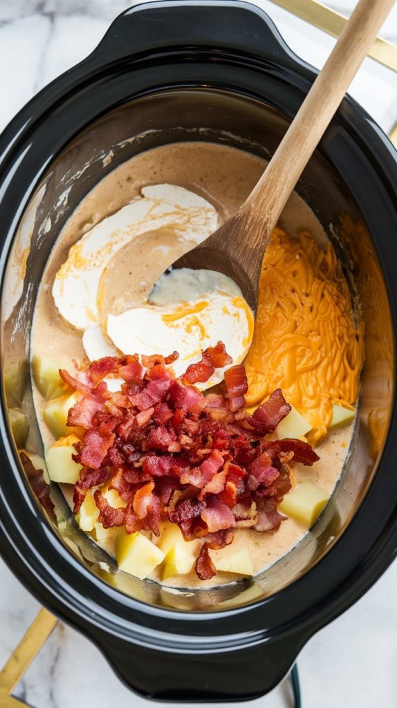 a crock pot with softened cream cheese being stirred into the creamy soup