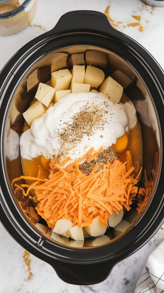 A crock pot filled with layers of ingredients: diced potatoes (either pre-packaged or fresh), cream of chicken soup