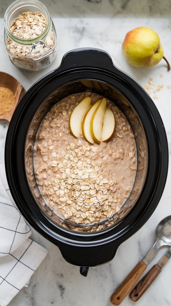 A crockpot covered and cooking, with steam lightly visible around the edges of the lid