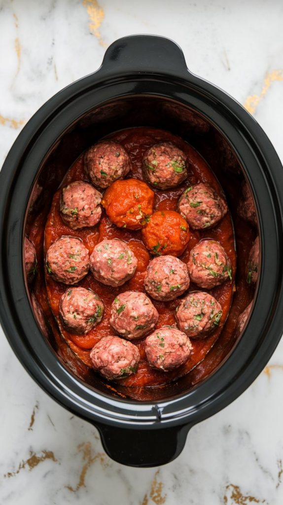 A crockpot filled with rich tomato sauce and raw meatballs nestled inside