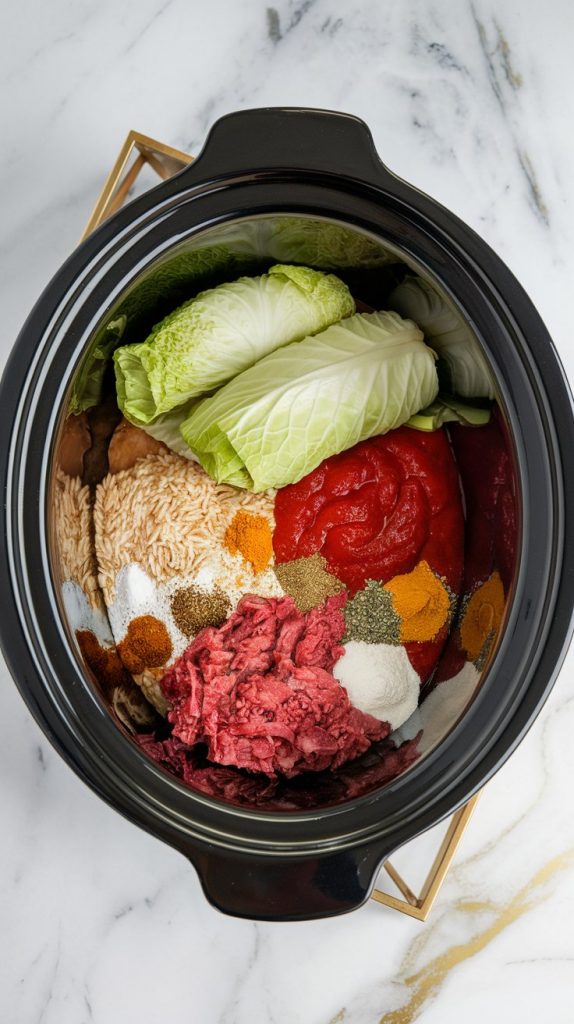 All ingredients for unstuffed cabbage rolls, including cabbage, uncooked rice, crushed tomatoes, tomato sauce, browned beef mixture, and seasonings, layered in a crockpot