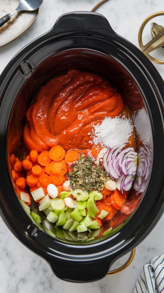 a crockpot filled with canned tomatoes, broth, chopped carrots, celery, onion, garlic, dried basil