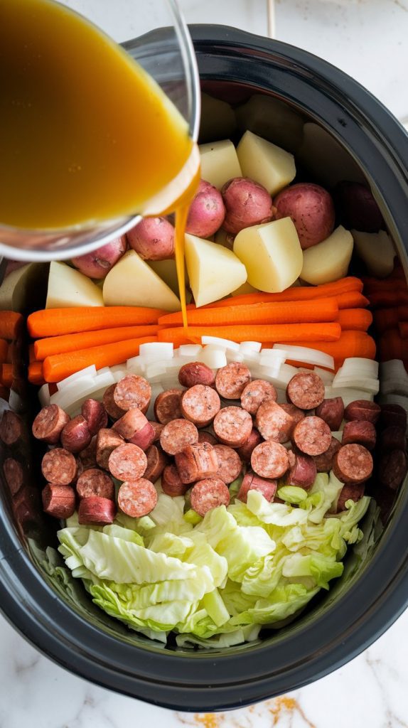 a Crockpot filled with layers of potatoes, carrots, onion, browned sausage, and chopped cabbage