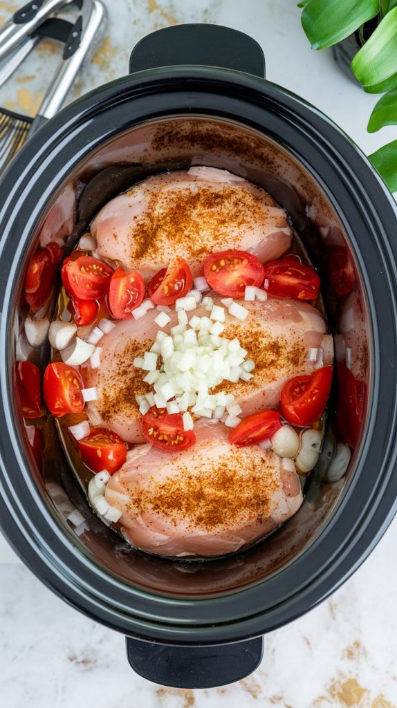 a crockpot filled with raw chicken breasts, sprinkled with taco seasoning