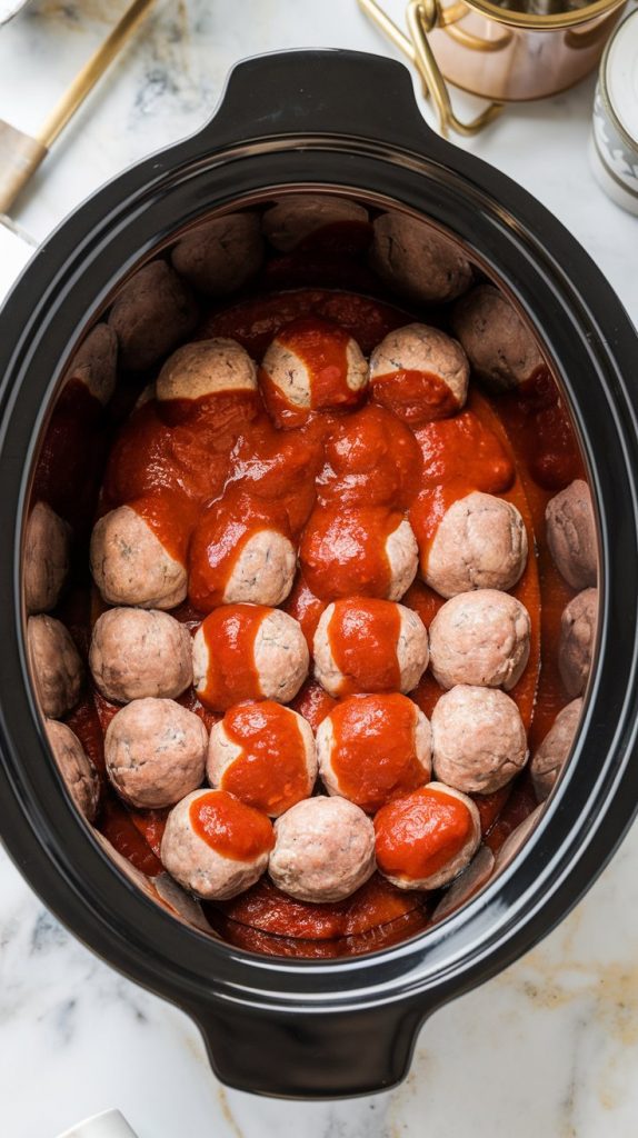 a crockpot filled with a layer of marinara sauce