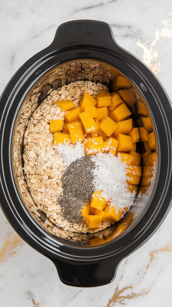 A crockpot filled with oats, coconut milk, diced mango, shredded coconut, maple syrup