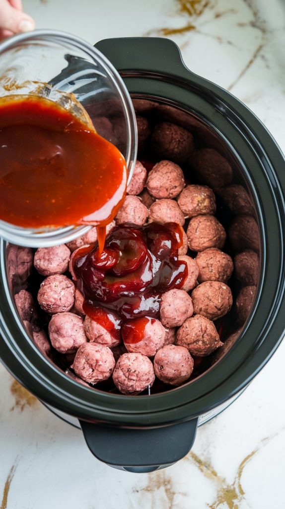 A crockpot filled with frozen meatballs being coated with a glossy cranberry BBQ sauce