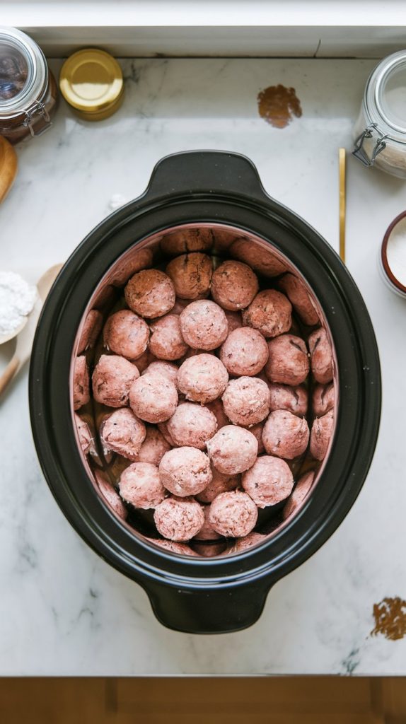 A crockpot filled with frozen meatballs