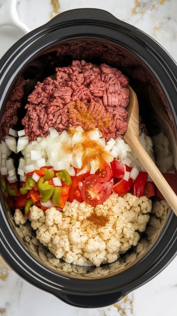 a crockpot filled with layered ingredients: browned beef, diced onions, bell peppers, tomatoes