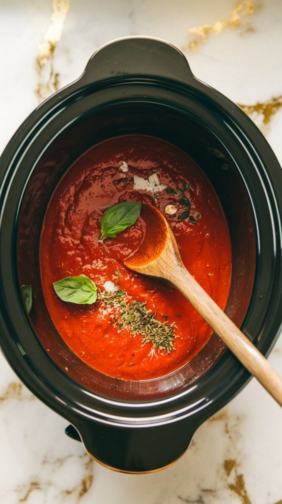 A crockpot filled with marinara sauce, water, tomato paste, olive oil, basil