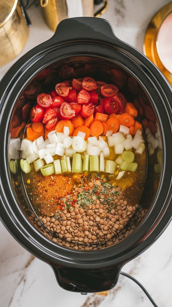 a crockpot filled with layers of lentils, diced tomatoes, sliced carrots, celery, and onions, all covered with broth and spices