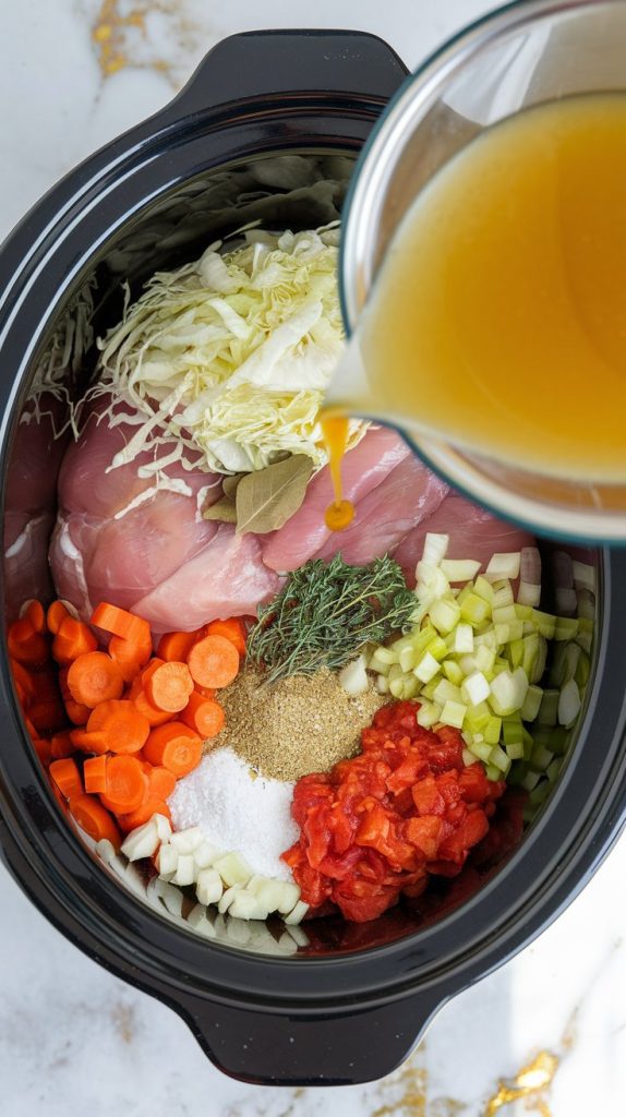 A crockpot filled with raw chicken, shredded cabbage, sliced carrots, diced celery, diced onion, minced garlic