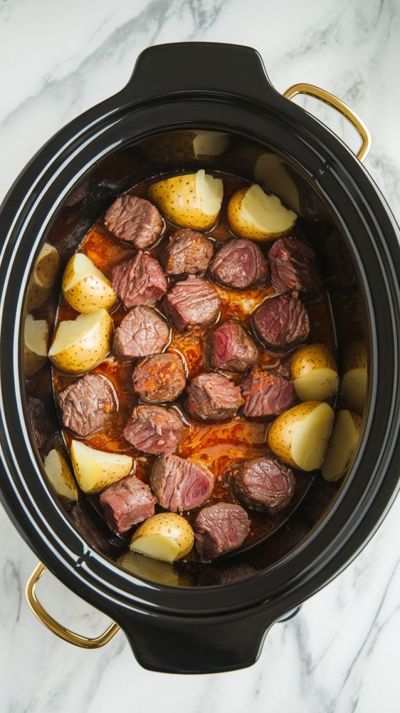 A crockpot filled with garlic butter beef bites and potatoes midway through cooking