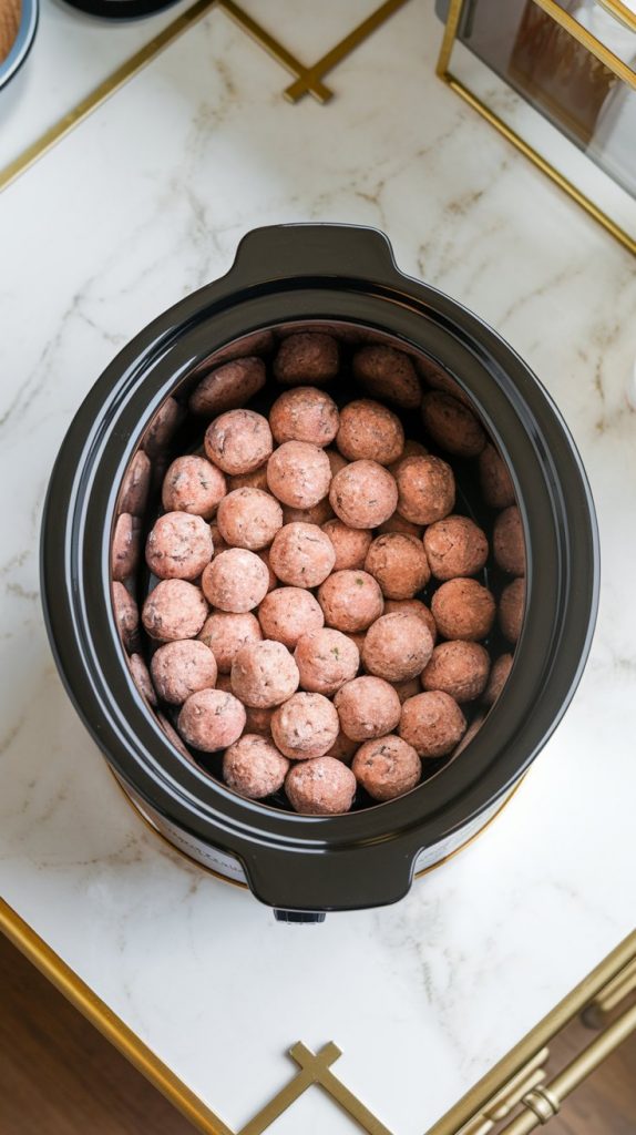 Frozen meatballs neatly arranged in a crockpot