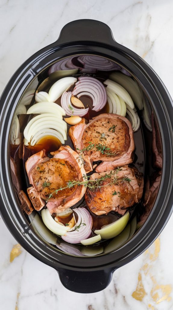 A crockpot filled with layers of sliced onions, garlic, seared pork chops, and a mix of chicken broth, soy sauce, and thyme