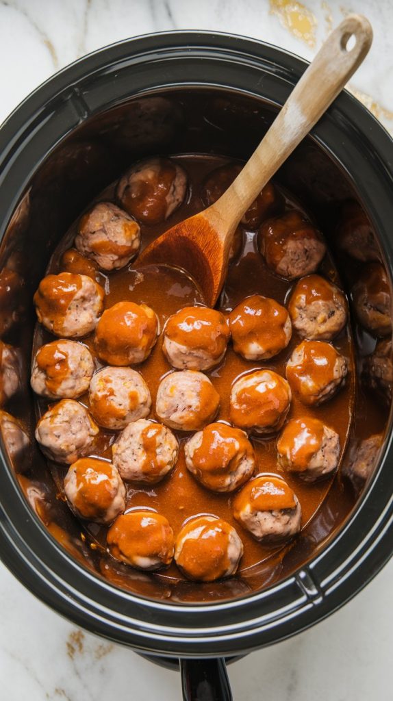 frozen meatballs in a crockpot, coated in a sticky, glossy sweet chili sauce